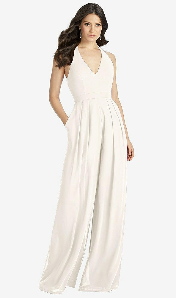 Front View - Ivory V-Neck Backless Pleated Front Jumpsuit - Arielle