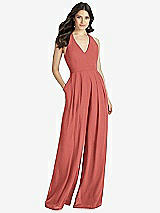 Front View Thumbnail - Coral Pink V-Neck Backless Pleated Front Jumpsuit - Arielle