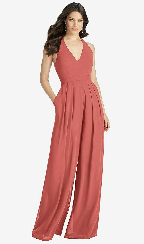Front View - Coral Pink V-Neck Backless Pleated Front Jumpsuit - Arielle