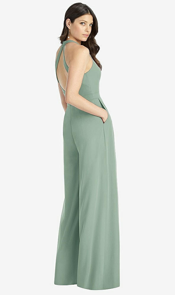 Back View - Seagrass V-Neck Backless Pleated Front Jumpsuit - Arielle