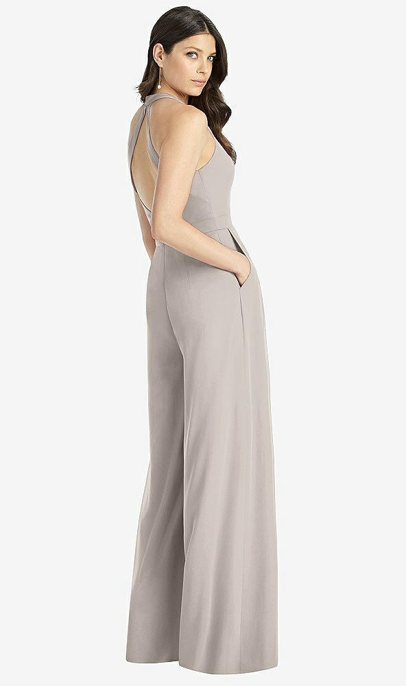 Back View - Taupe V-Neck Backless Pleated Front Jumpsuit - Arielle
