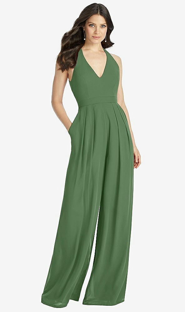 Front View - Vineyard Green V-Neck Backless Pleated Front Jumpsuit - Arielle