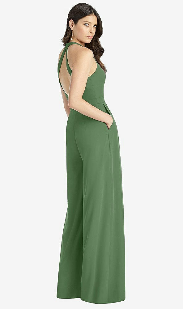 Back View - Vineyard Green V-Neck Backless Pleated Front Jumpsuit - Arielle