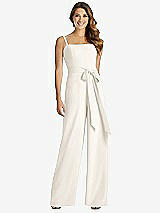Front View Thumbnail - Ivory Spaghetti Strap Crepe Jumpsuit with Sash - Alana 
