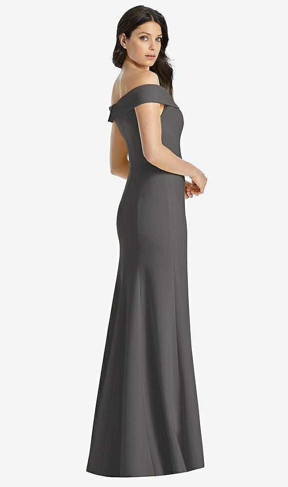 Back View - Caviar Gray Off-the-Shoulder Notch Trumpet Gown with Front Slit