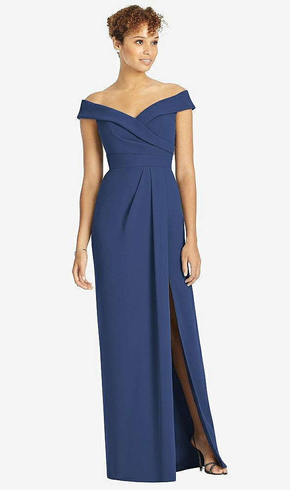 Front View - Sailor Cuffed Off-the-Shoulder Faux Wrap Maxi Dress with Front Slit