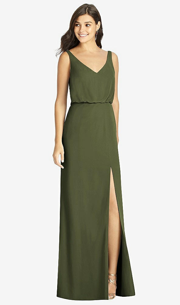 Front View - Olive Green Blouson Bodice Mermaid Dress with Front Slit