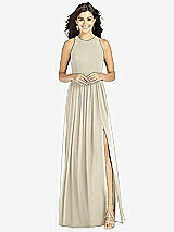 Front View Thumbnail - Champagne Shirred Skirt Halter Dress with Front Slit