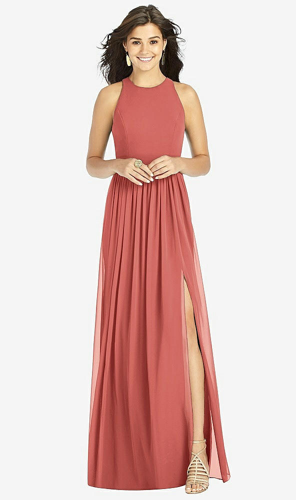 Front View - Coral Pink Shirred Skirt Halter Dress with Front Slit