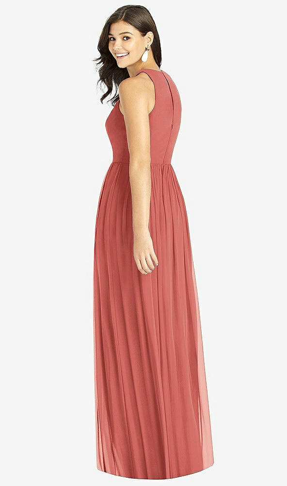 Back View - Coral Pink Shirred Skirt Halter Dress with Front Slit