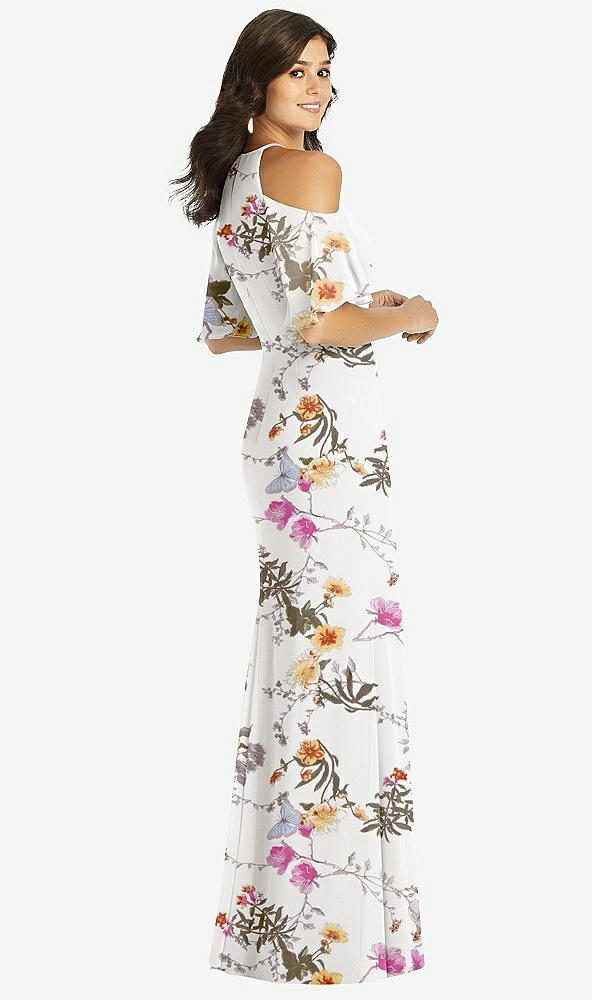 Back View - Butterfly Botanica Ivory Ruffle Cold-Shoulder Mermaid Maxi Dress