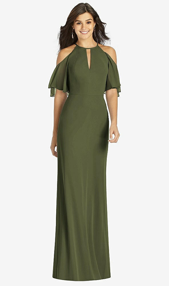Front View - Olive Green Ruffle Cold-Shoulder Mermaid Maxi Dress