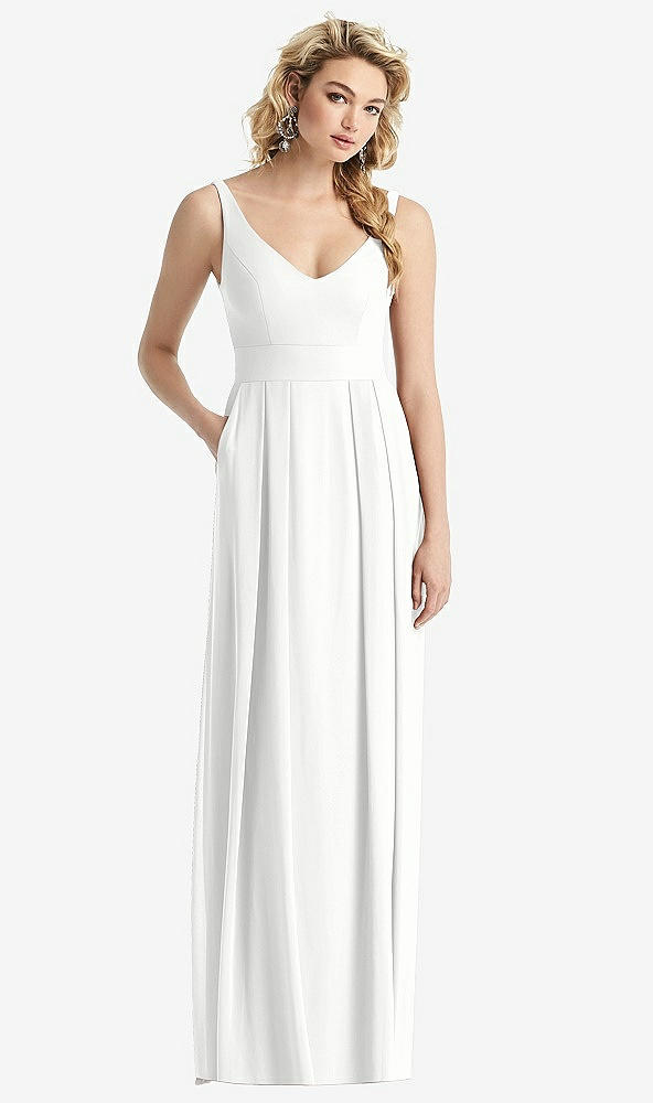 Front View - White Sleeveless Pleated Skirt Maxi Dress with Pockets