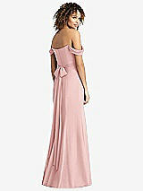 Rear View Thumbnail - Rose - PANTONE Rose Quartz Off-the-Shoulder Criss Cross Bodice Trumpet Gown