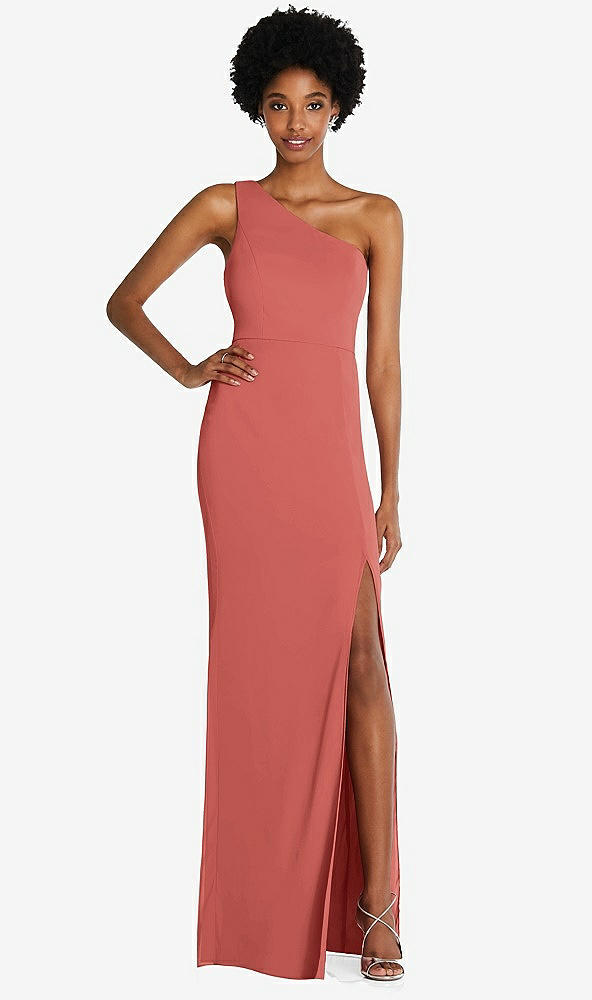 Front View - Coral Pink One-Shoulder Chiffon Trumpet Gown