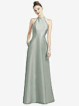 Rear View Thumbnail - Willow Green High-Neck Cutout Satin Dress with Pockets