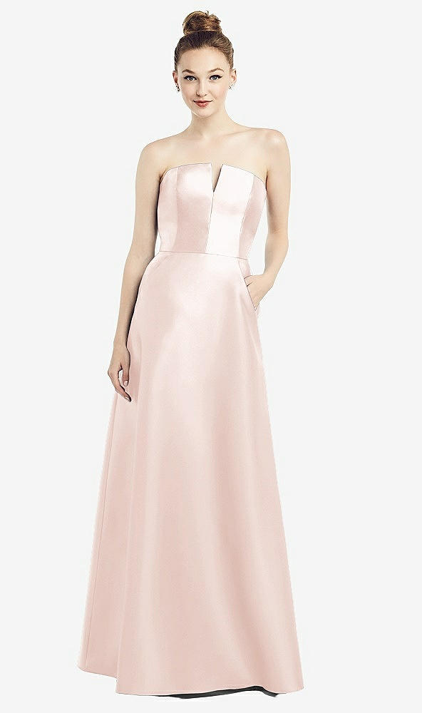 Front View - Blush Strapless Notch Satin Gown with Pockets