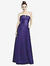 Front View Thumbnail - Grape Strapless Notch Satin Gown with Pockets