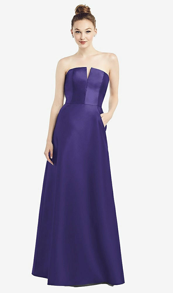 Front View - Grape Strapless Notch Satin Gown with Pockets