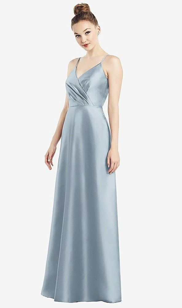 Front View - Mist Draped Wrap Satin Maxi Dress with Pockets