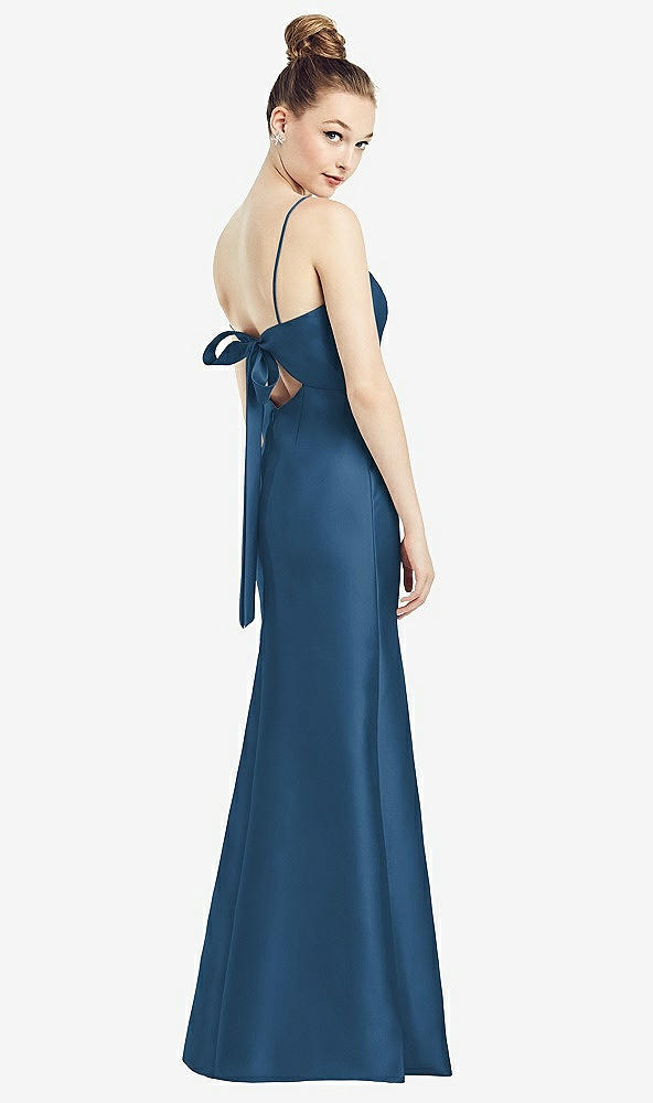 Front View - Dusk Blue Open-Back Bow Tie Satin Trumpet Gown