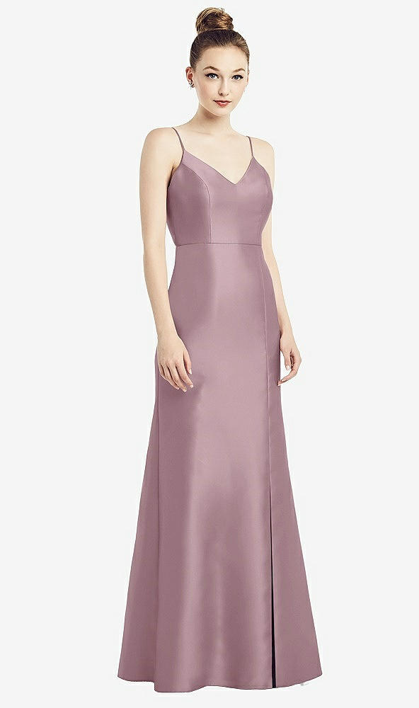 Back View - Dusty Rose Open-Back Bow Tie Satin Trumpet Gown