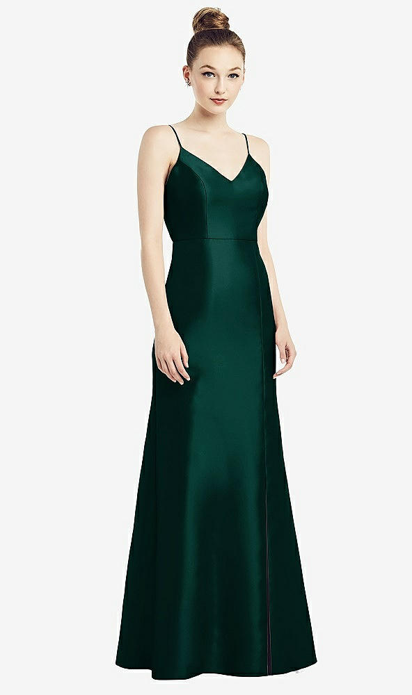 Back View - Evergreen Open-Back Bow Tie Satin Trumpet Gown