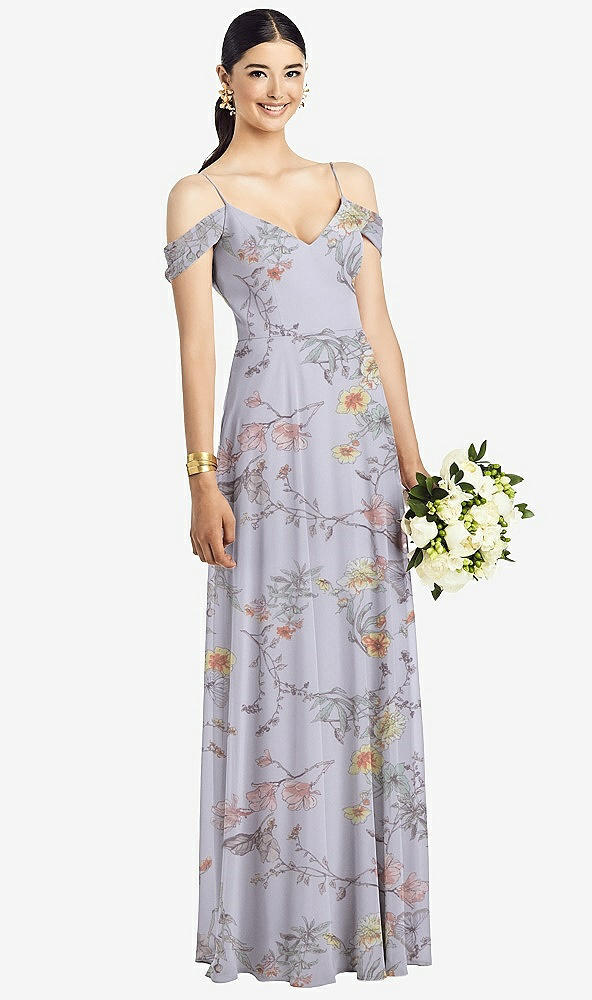 Front View - Butterfly Botanica Silver Dove Cold-Shoulder V-Back Chiffon Maxi Dress