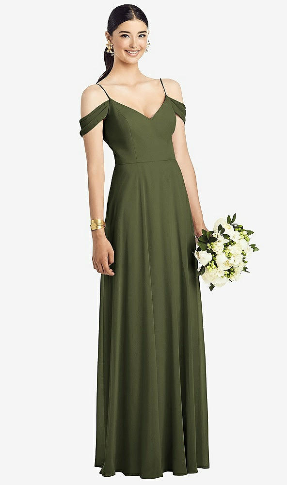 Front View - Olive Green Cold-Shoulder V-Back Chiffon Maxi Dress