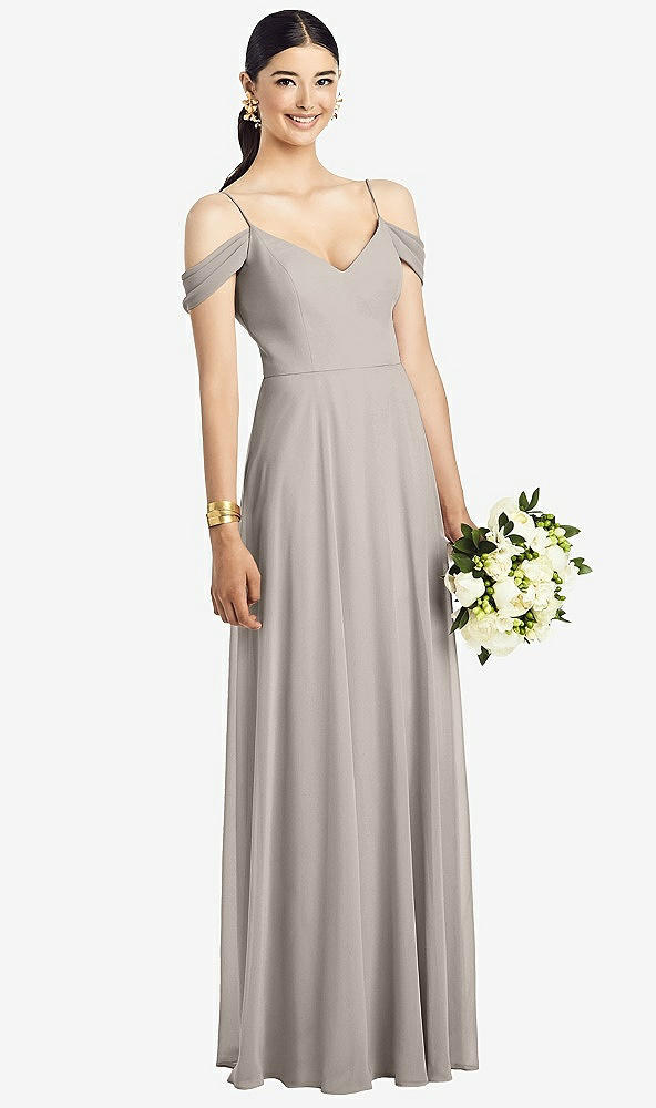 Front View - Taupe Cold-Shoulder V-Back Chiffon Maxi Dress