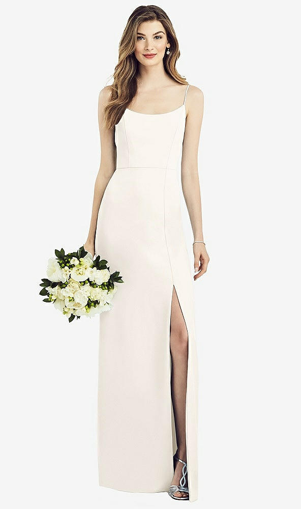 Front View - Ivory Spaghetti Strap V-Back Crepe Gown with Front Slit