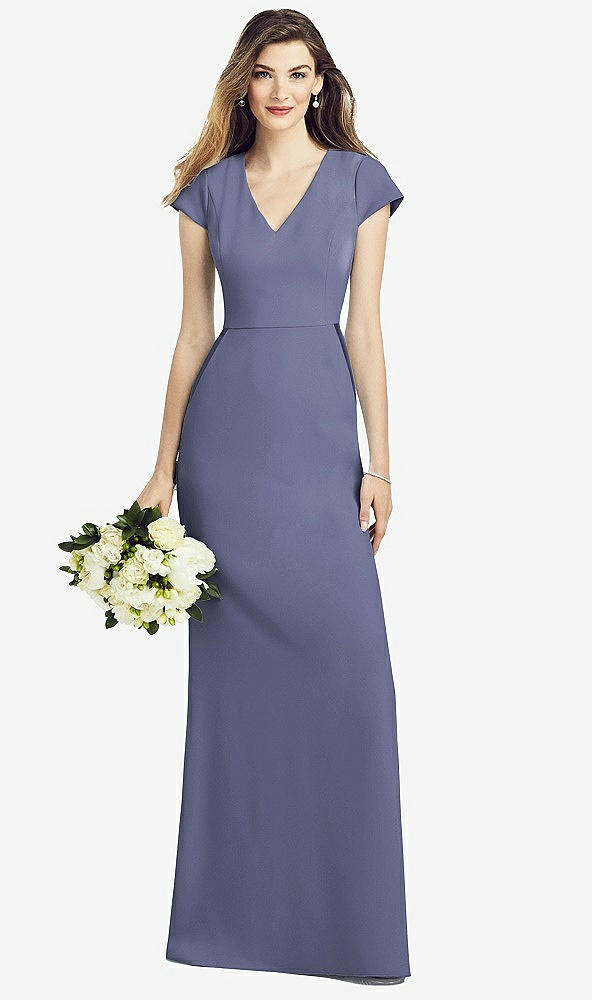 Front View - French Blue Cap Sleeve A-line Crepe Gown with Pockets