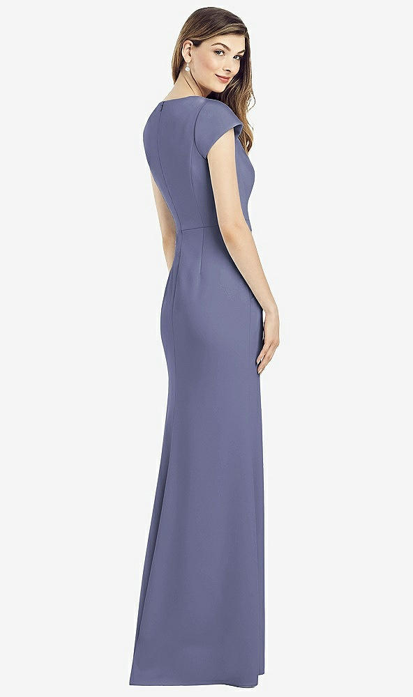 Back View - French Blue Cap Sleeve A-line Crepe Gown with Pockets