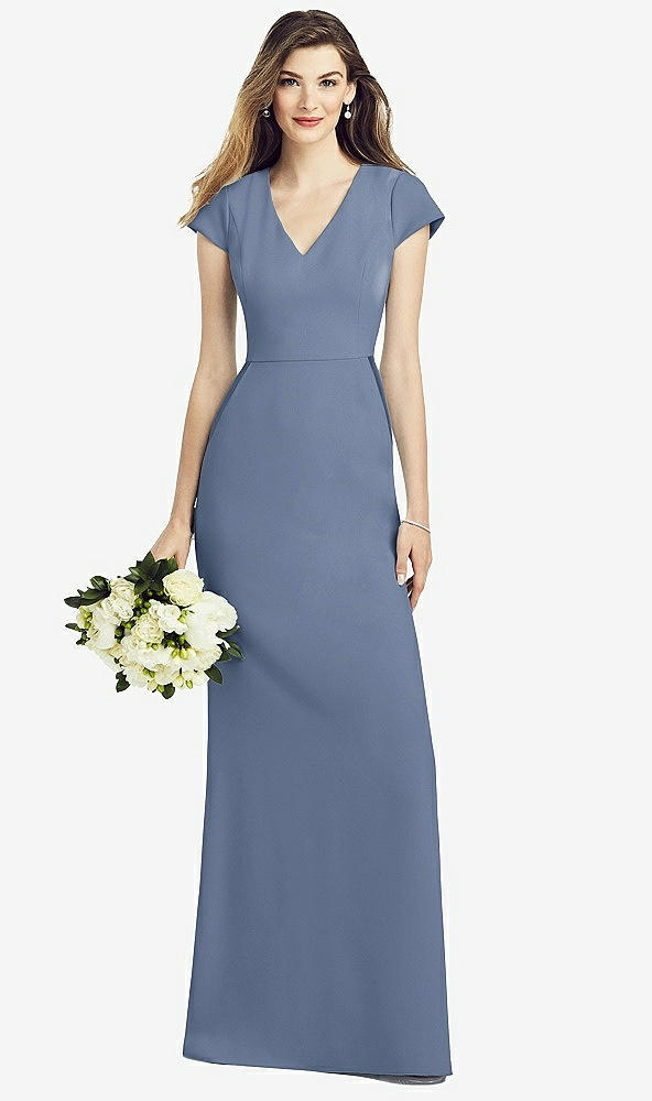 Front View - Larkspur Blue Cap Sleeve A-line Crepe Gown with Pockets