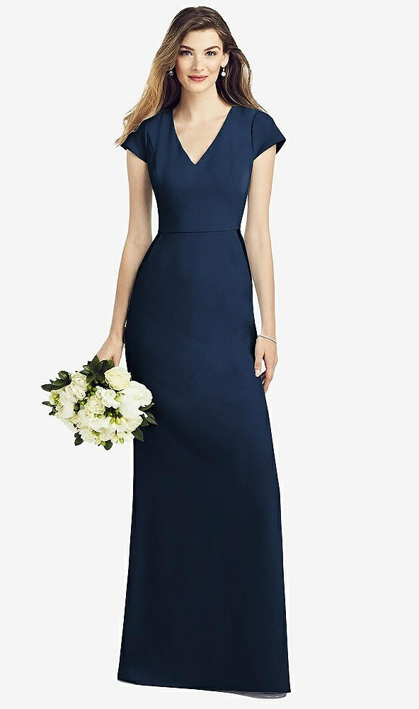 Front View - Midnight Navy Cap Sleeve A-line Crepe Gown with Pockets