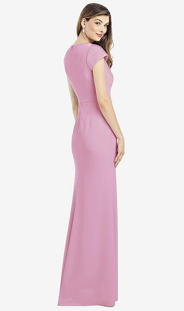 Back View - Powder Pink Cap Sleeve A-line Crepe Gown with Pockets