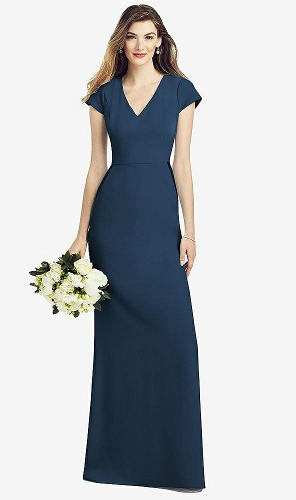 Front View - Sofia Blue Cap Sleeve A-line Crepe Gown with Pockets