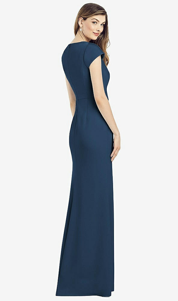 Back View - Sofia Blue Cap Sleeve A-line Crepe Gown with Pockets