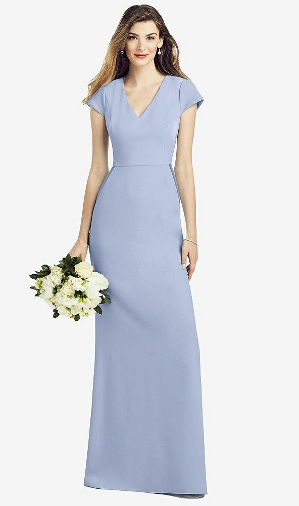 Front View - Sky Blue Cap Sleeve A-line Crepe Gown with Pockets