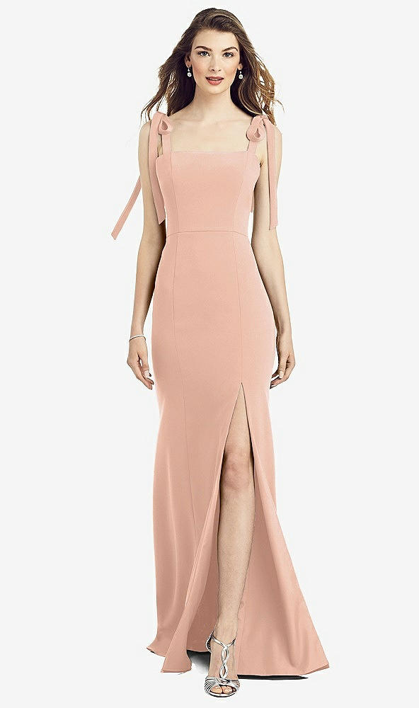 Front View - Pale Peach Flat Tie-Shoulder Crepe Trumpet Gown with Front Slit