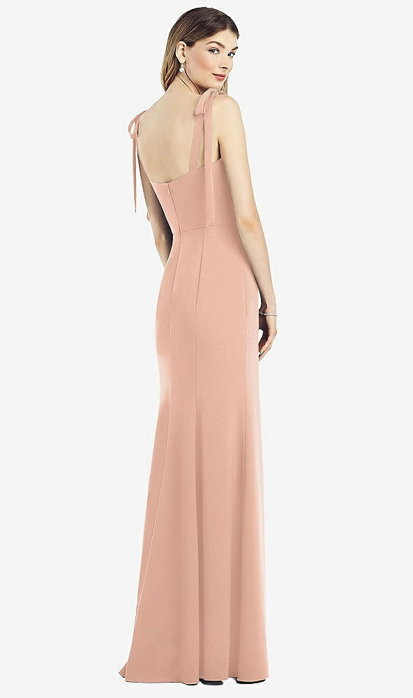 Back View - Pale Peach Flat Tie-Shoulder Crepe Trumpet Gown with Front Slit