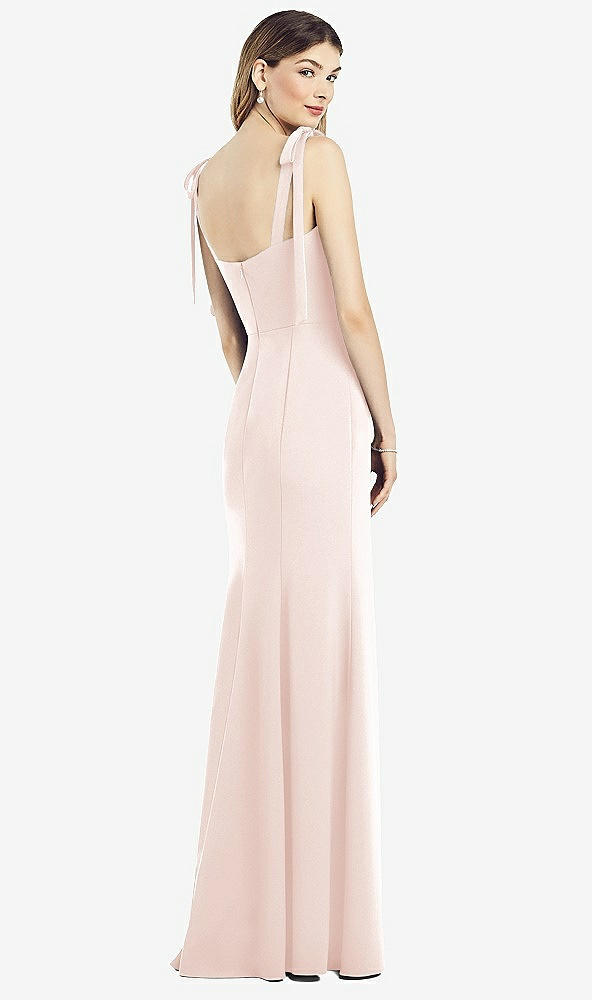 Back View - Blush Flat Tie-Shoulder Crepe Trumpet Gown with Front Slit
