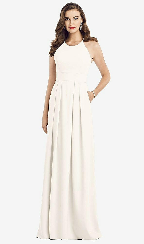 Front View - Ivory Criss Cross Back Crepe Halter Dress with Pockets