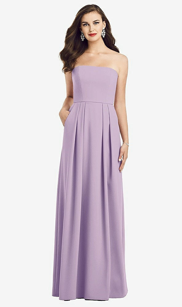 Front View - Pale Purple Strapless Pleated Skirt Crepe Dress with Pockets