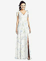 Front View Thumbnail - Bleu Garden Bow-Shoulder V-Back Chiffon Gown with Front Slit