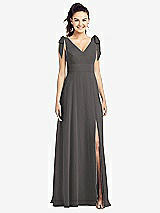 Front View Thumbnail - Caviar Gray Bow-Shoulder V-Back Chiffon Gown with Front Slit