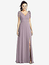 Front View Thumbnail - Lilac Dusk Bow-Shoulder V-Back Chiffon Gown with Front Slit