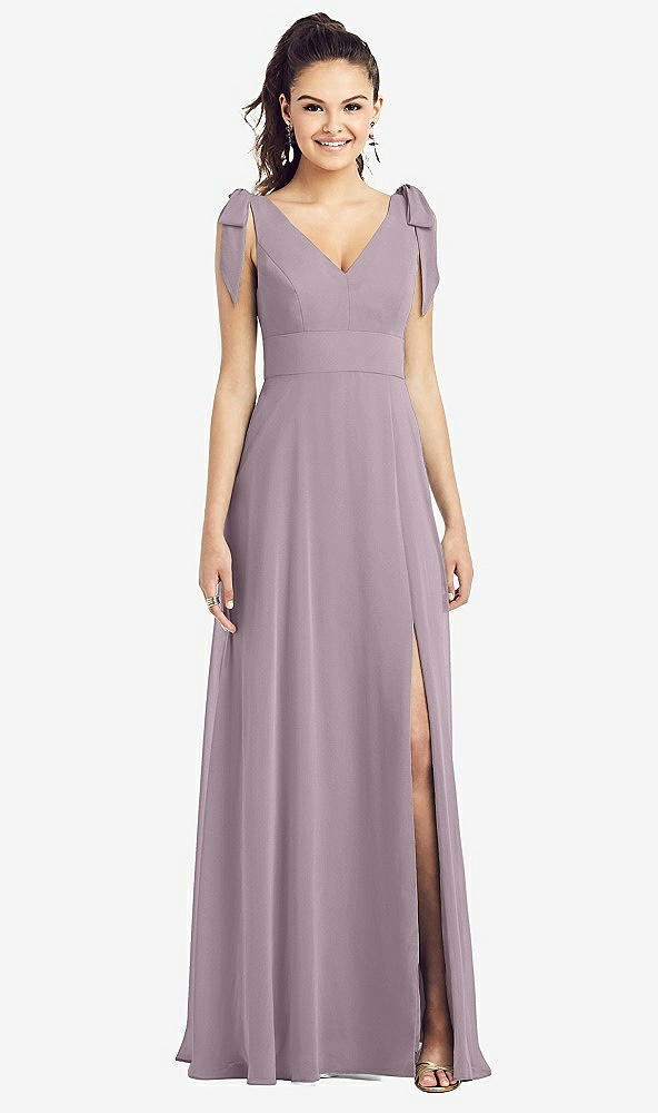 Front View - Lilac Dusk Bow-Shoulder V-Back Chiffon Gown with Front Slit