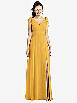 Front View Thumbnail - NYC Yellow Bow-Shoulder V-Back Chiffon Gown with Front Slit