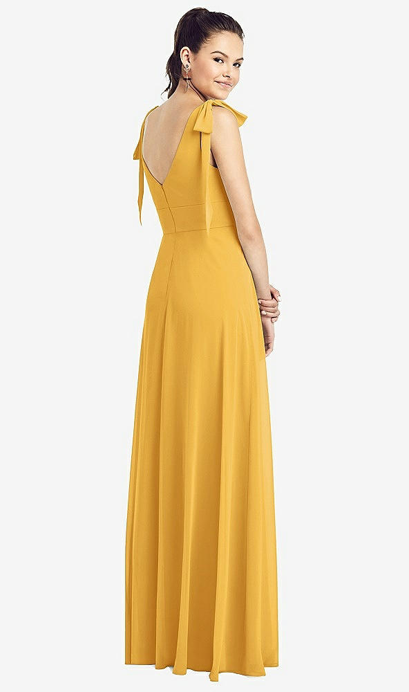 Back View - NYC Yellow Bow-Shoulder V-Back Chiffon Gown with Front Slit